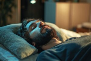 Man sleeping peacefully in dimly lit room